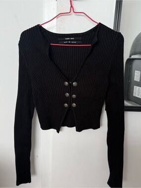 silence + noise Black Ribbed Cropped Cardigan with Double Metal Buttons